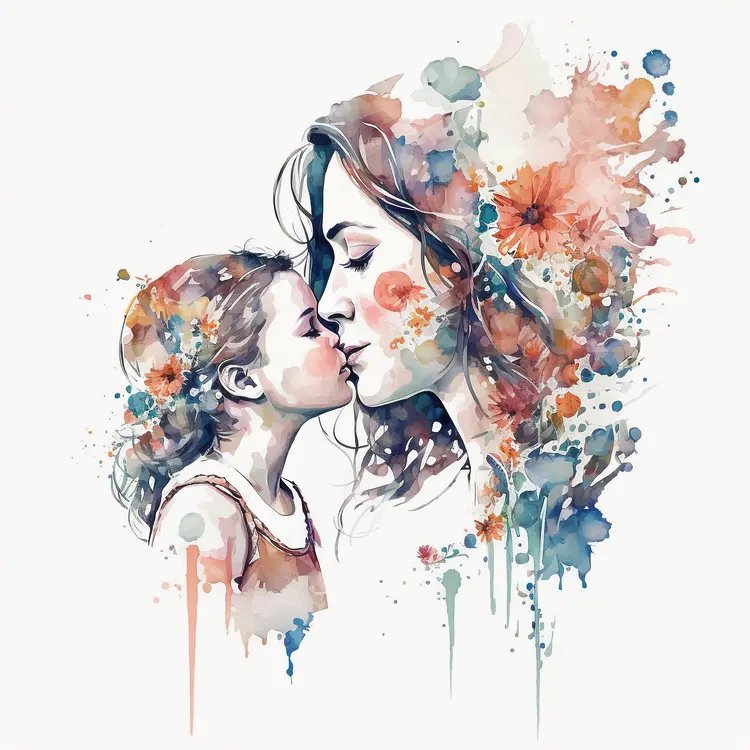 Watercolor Painting of Mother and Child Kissing