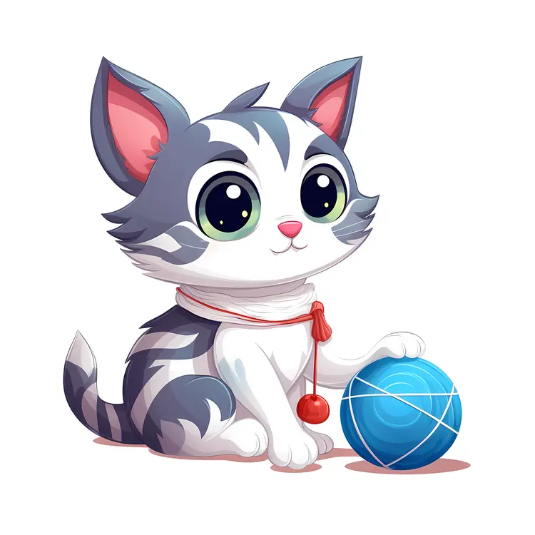 Cute Cartoon Cat with Blue Ball