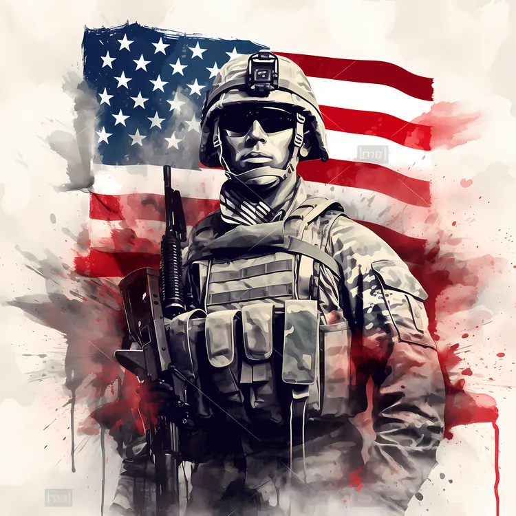 American Soldier in Uniform with Flag Background