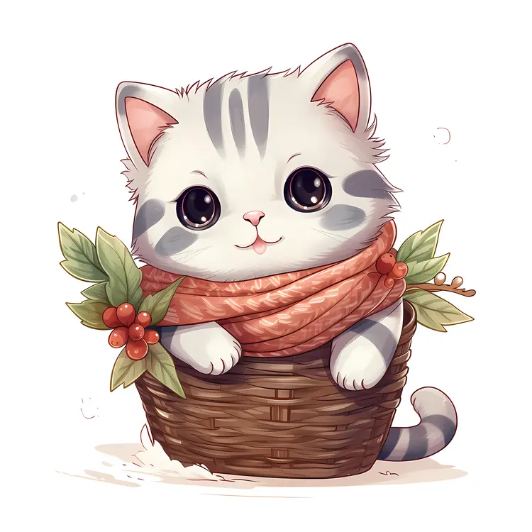 Cute Kitten in Red Scarf in Basket