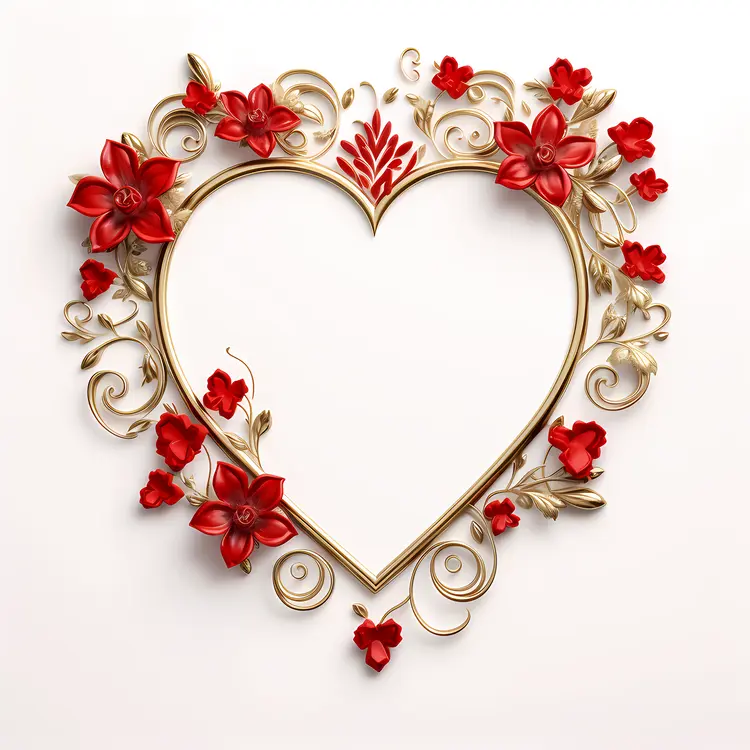 Heart Frame with Red Flowers and Gold for Valentine's Day