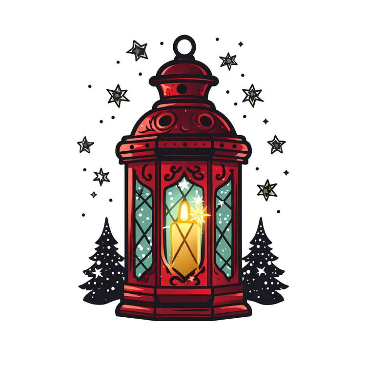 Red Lantern with Candle and Stars for Christmas