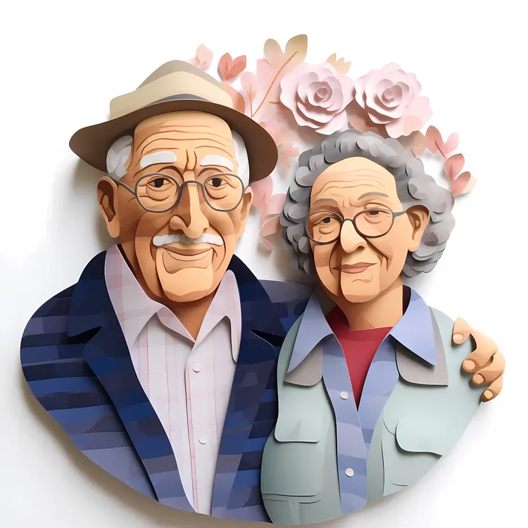 Elderly Couple Portrait with Floral Background