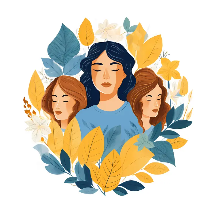 Women Surrounded by Leaves and Flowers in Artistic Illustration