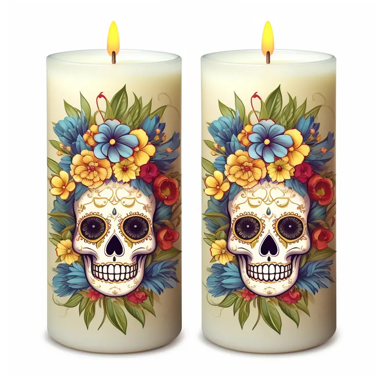 Decorative Day of the Dead Candles with Skull and Flowers Design