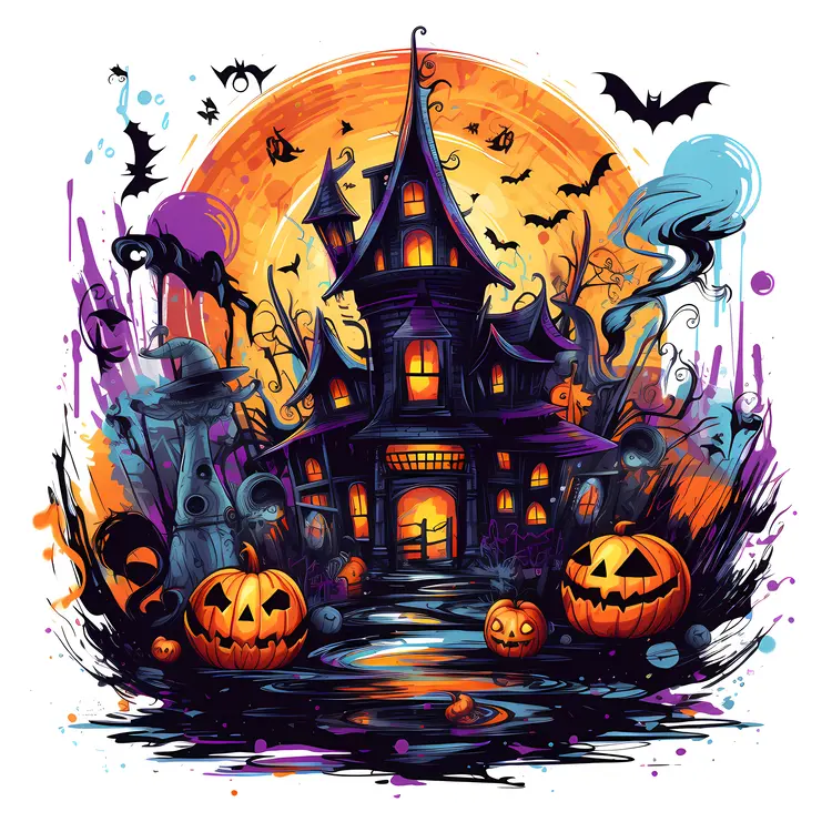 Spooky Haunted House with Pumpkins