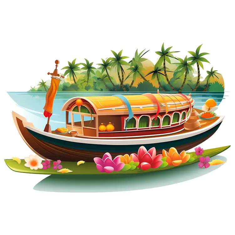 Decorative Boat with Flowers in Tropical River