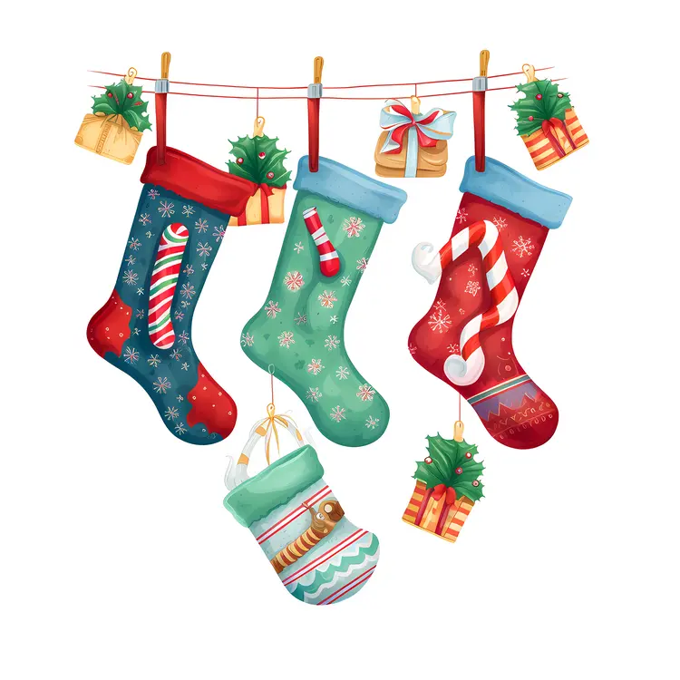 Colorful Christmas Stockings with Gifts and Decorations