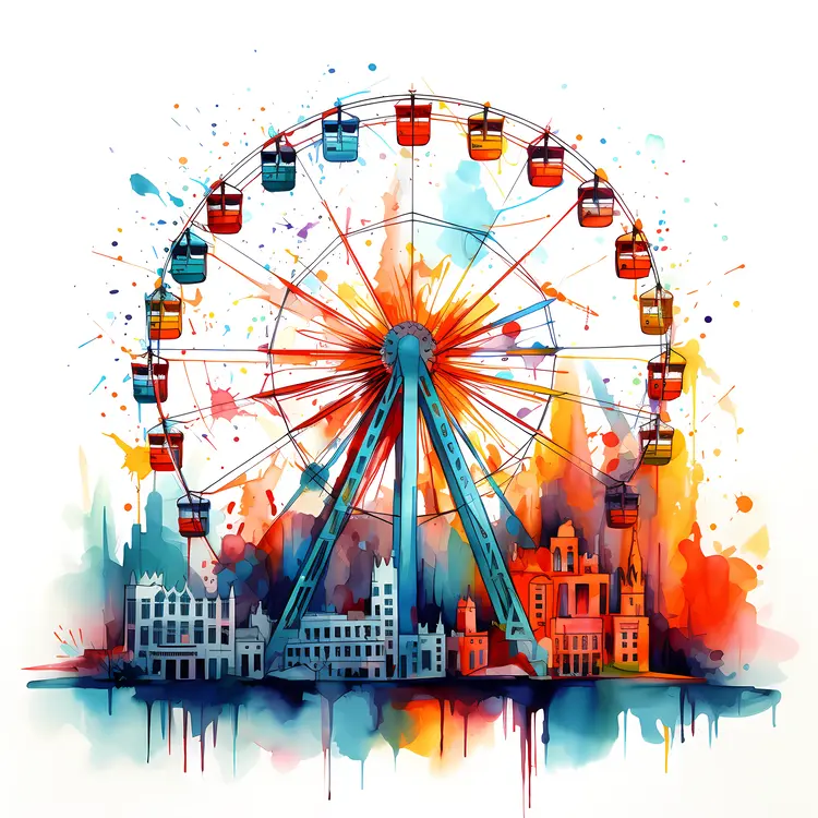 Colorful Ferris Wheel with Cityscape