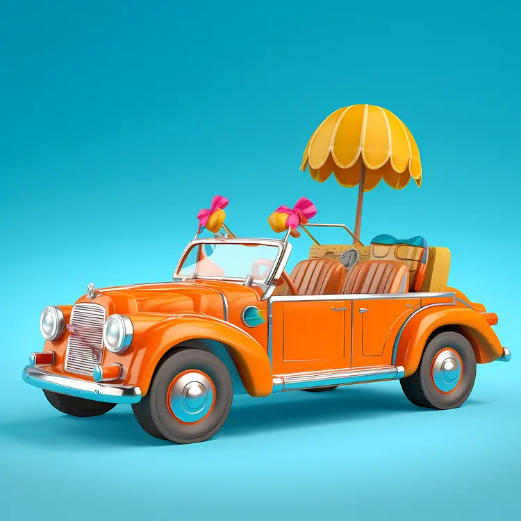 Orange Convertible Car with Beach Umbrella for Summer Fun