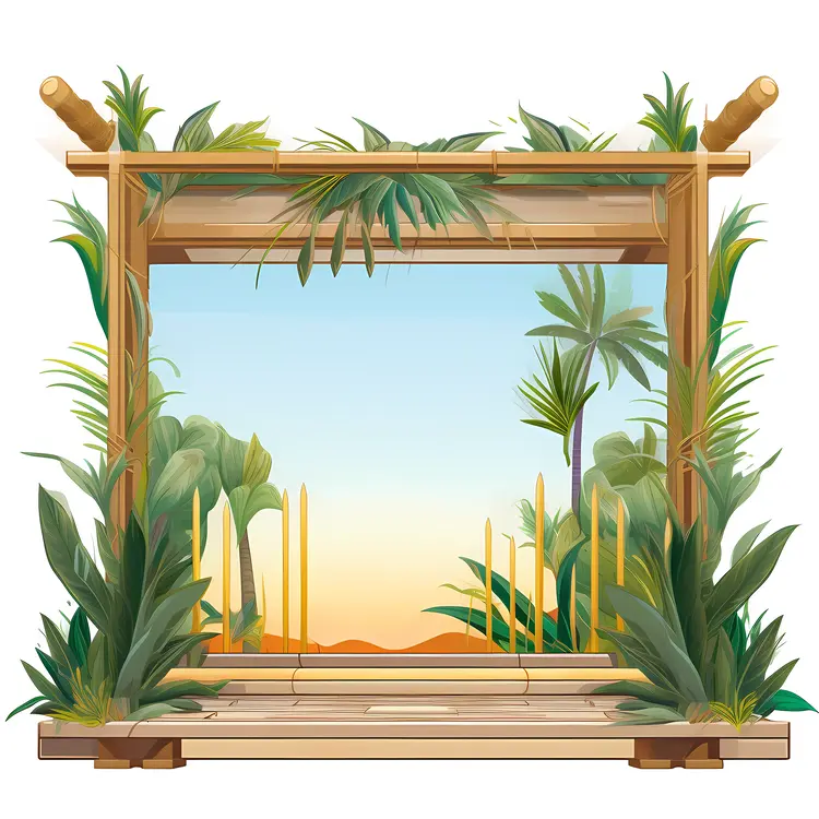 Tropical Wooden Frame with Sunset Background