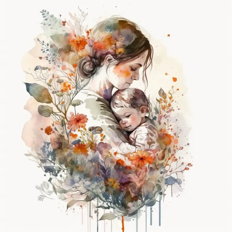 Watercolor Illustration of Mother and Child Embracing