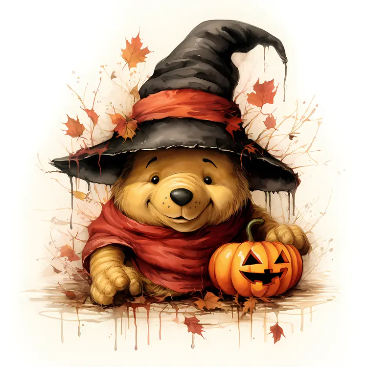 Teddy Bear with Witch Hat and Pumpkin