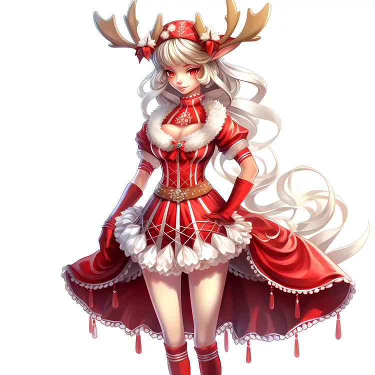 Girl in Elegant Christmas Dress with Antlers