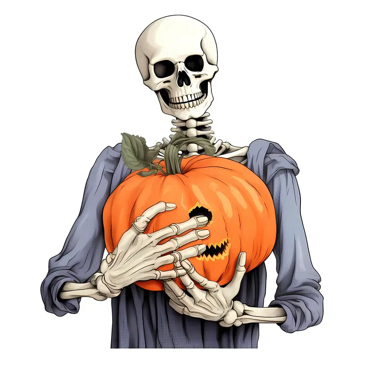 Skeleton Holding a Carved Pumpkin