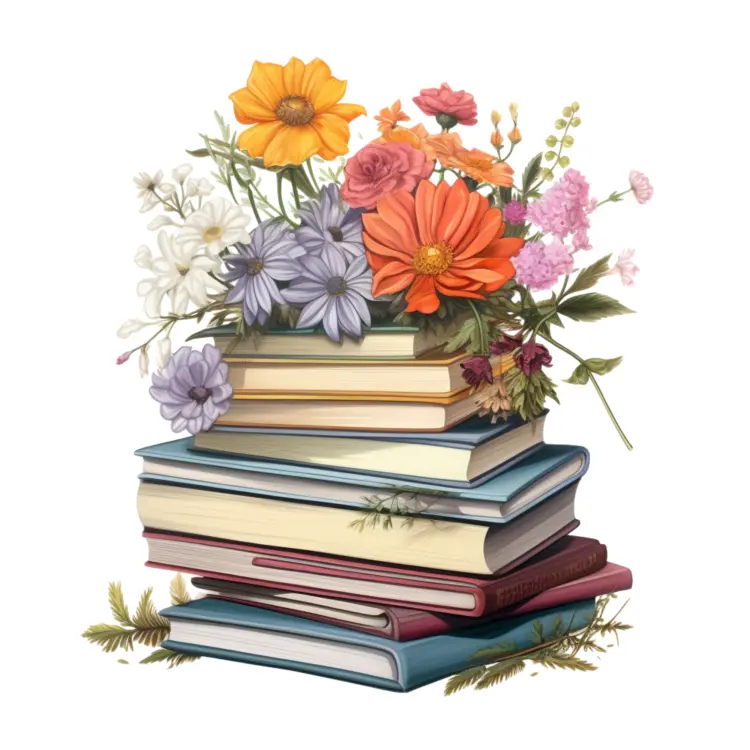 Beautiful Stack of Books with Flowers