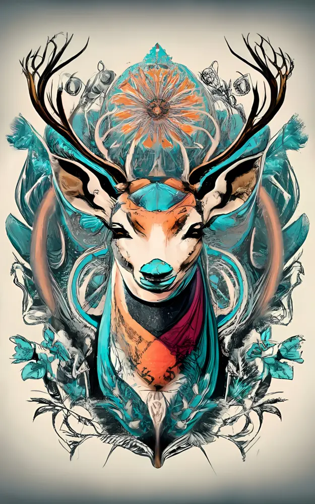 Colorful Artistic Deer with Antlers and Feathers