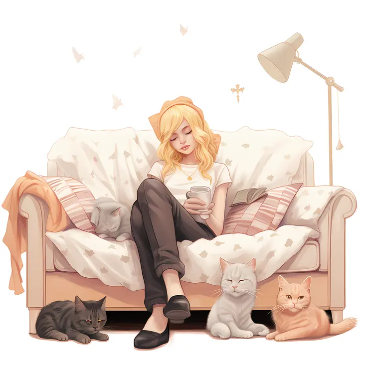 Cozy Woman Relaxing on Sofa with Cats