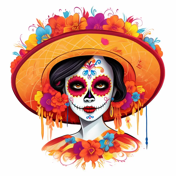 Colorful Sugar Skull with Floral Hat for Day of the Dead