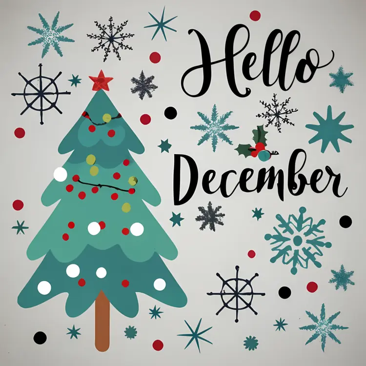 Hello December with Christmas Tree and Snowflakes