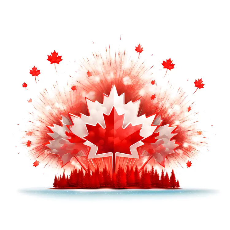 Maple Leaf with Red Fireworks