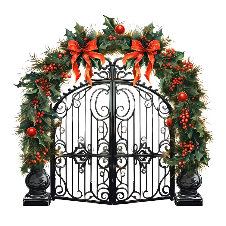 Gate Decorated with Holly and Red Bows