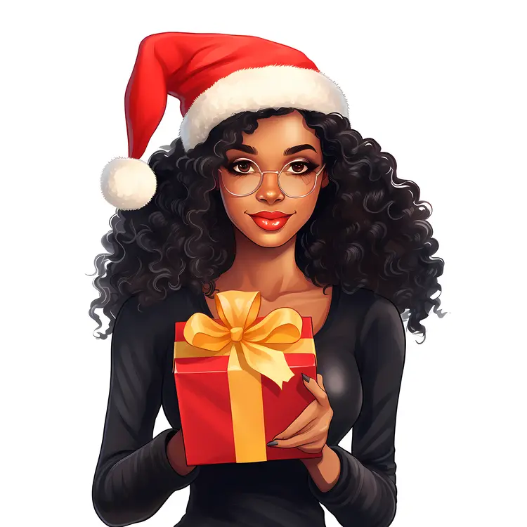 Smiling Girl with Santa Hat, Glasses, and Gift