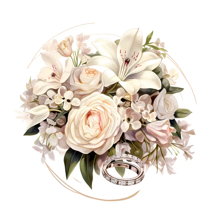 White and Pink Flower Bouquet with Wedding Rings