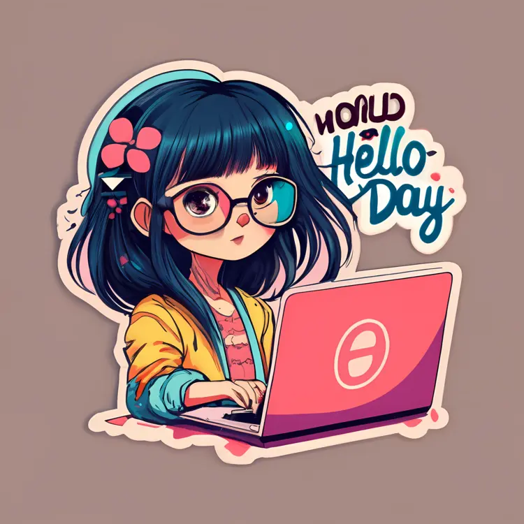 Cute Girl with Laptop Saying World Hello Day
