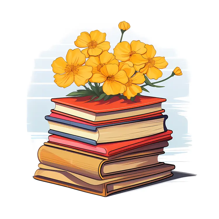 Stack of Books with Yellow Flowers