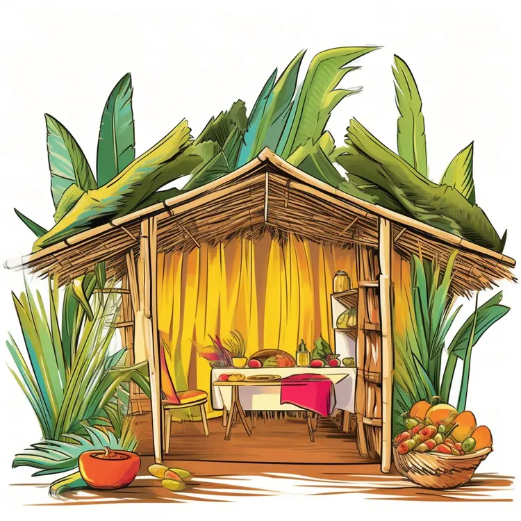 Tropical Hut with Fruits and Table