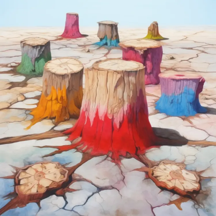 Colorful Painted Tree Stumps in Dry Landscape