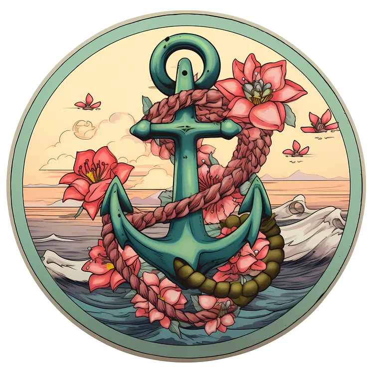 Anchor with Flowers and Ocean Background