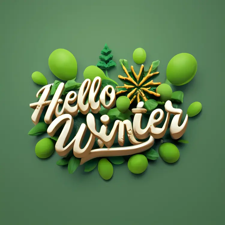 Hello Winter Text with Green Background and Leaves