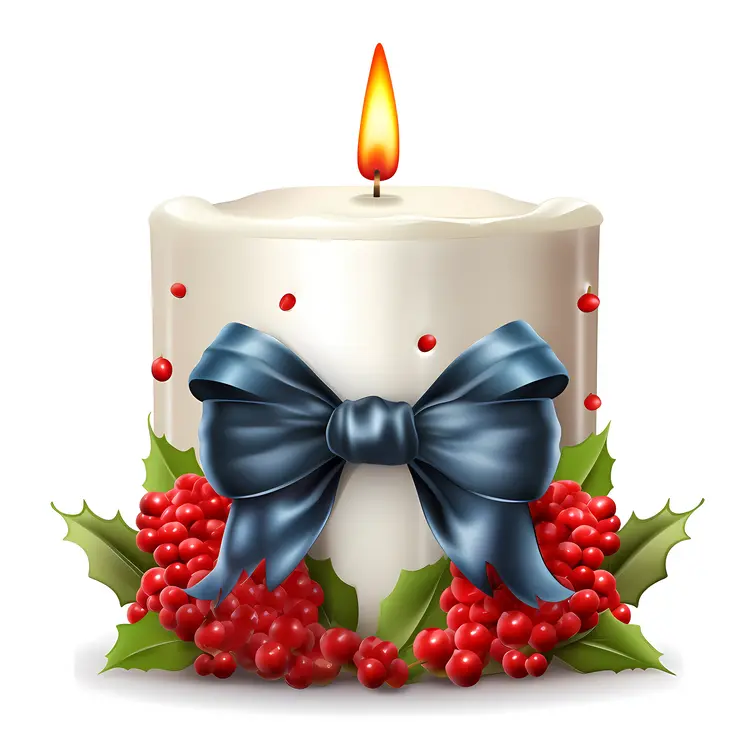 Christmas White Candle with Blue Bow and Holly Leaves