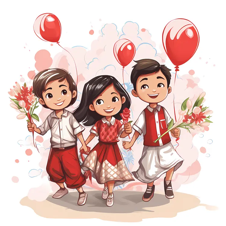 Happy Children with Balloons and Flowers on Children's Day