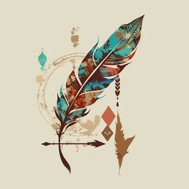 Colorful Tribal Feather with Arrow and Patterns