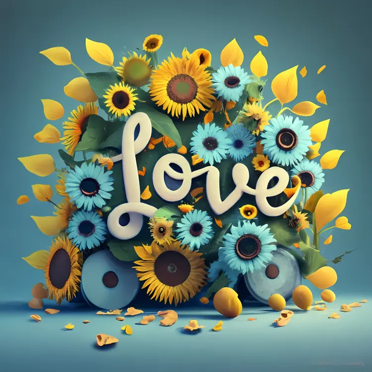 Love with Sunflowers and Blue Flowers