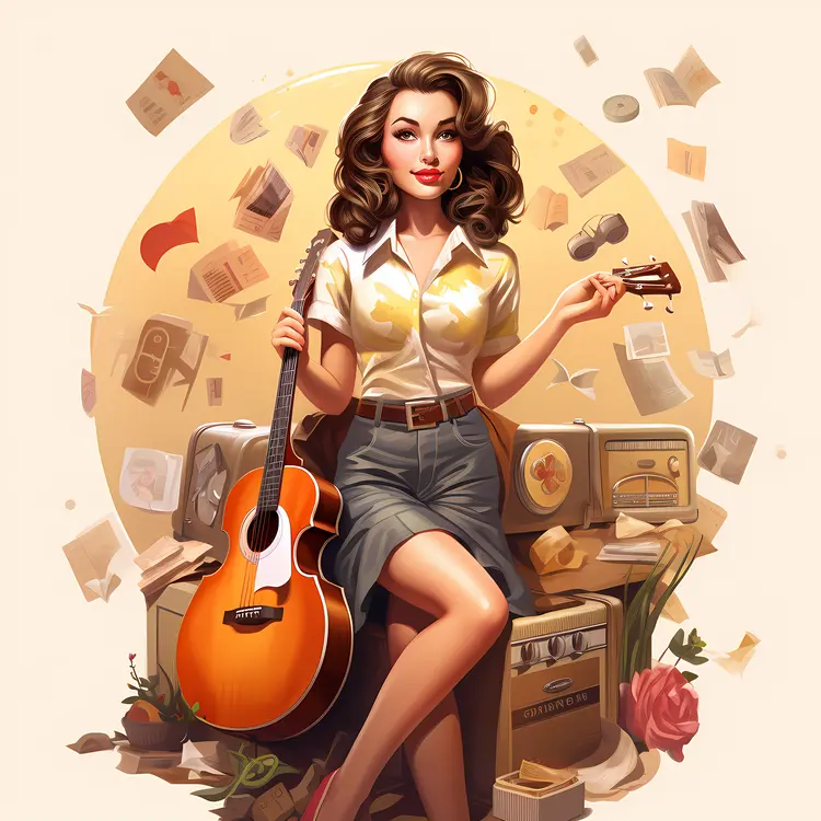 Retro Woman with Guitar and Microphone