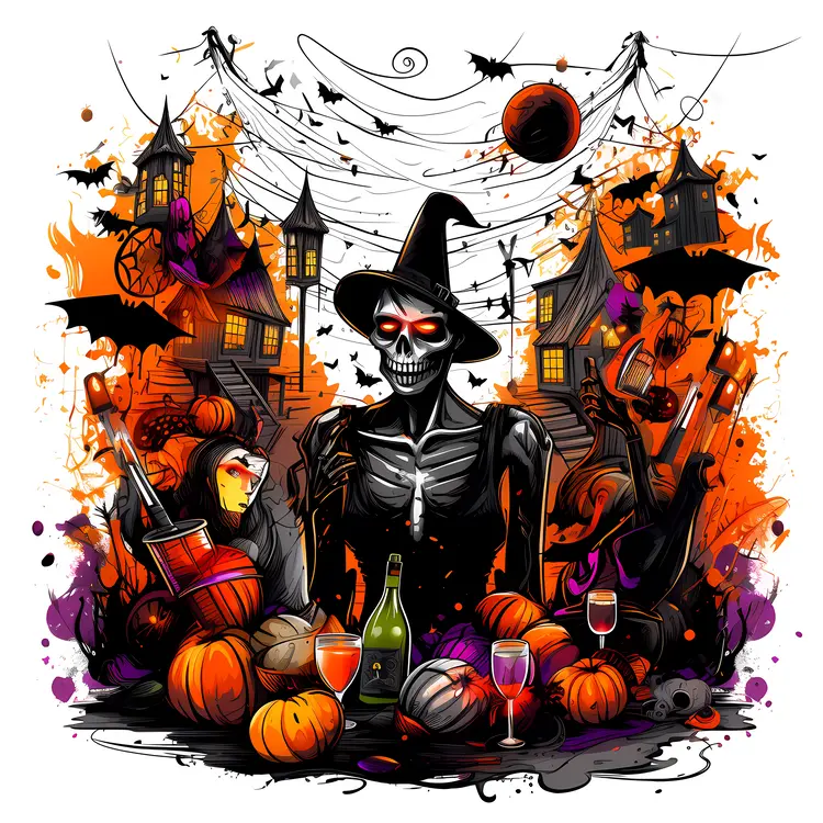 Skeleton with Witch Hat and Halloween Decorations