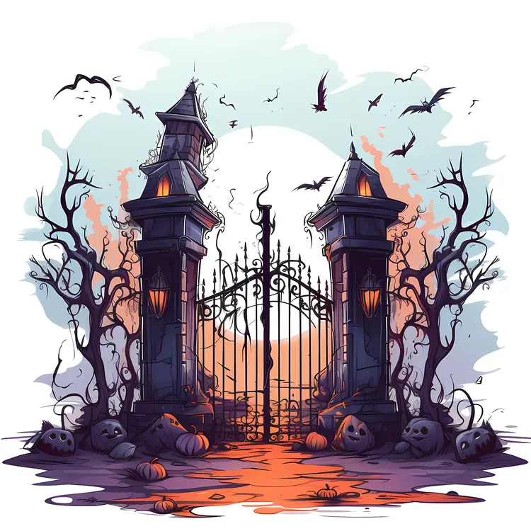 Spooky Haunted Gate with Bats and Pumpkins
