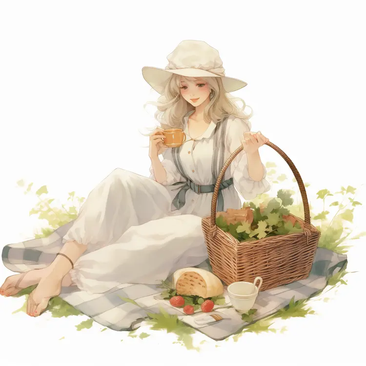 Woman Enjoying a Picnic with Tea and Bread