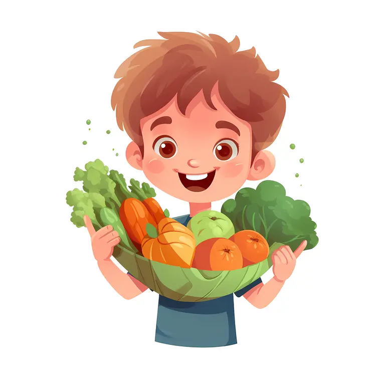 Happy Boy Holding a Basket of Fresh Vegetables