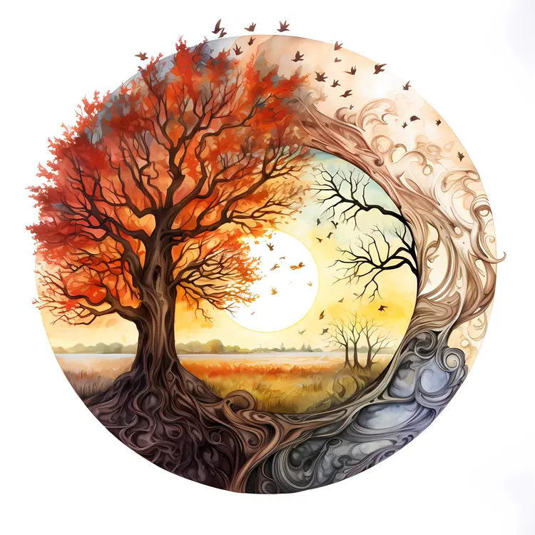 Autumn Tree with Sun and Birds