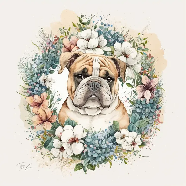 Bulldog in Floral Wreath Watercolor Illustration