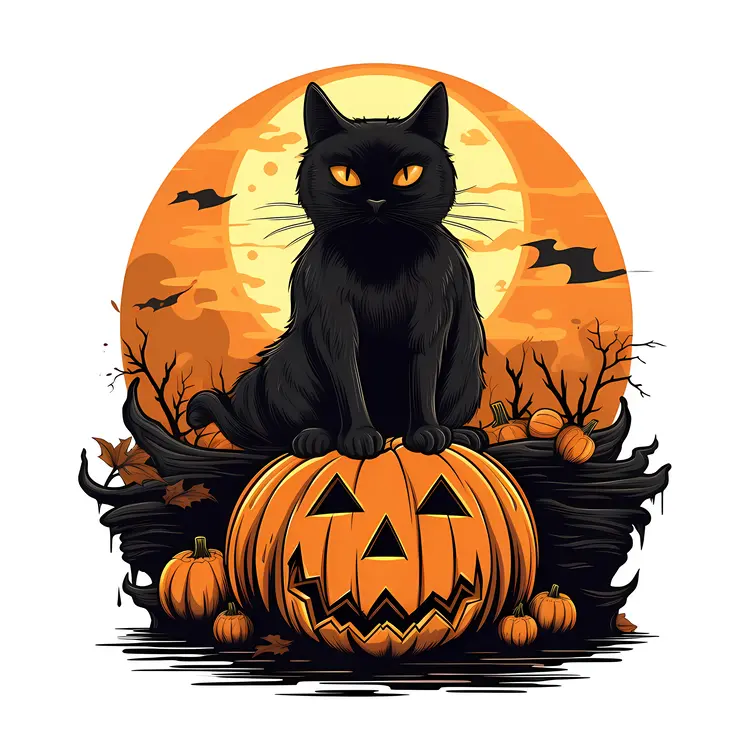 Black Cat on Pumpkin with Halloween Moon