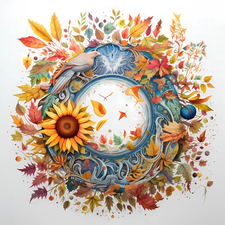 Bird and Sunflower with Autumn Leaves