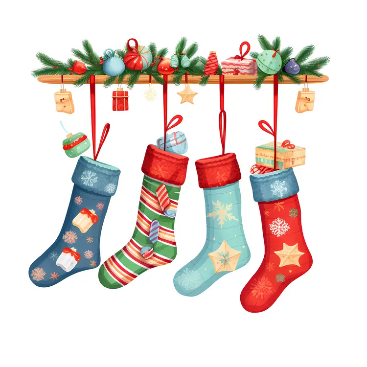 Colorful Christmas Stockings with Gifts and Decorations
