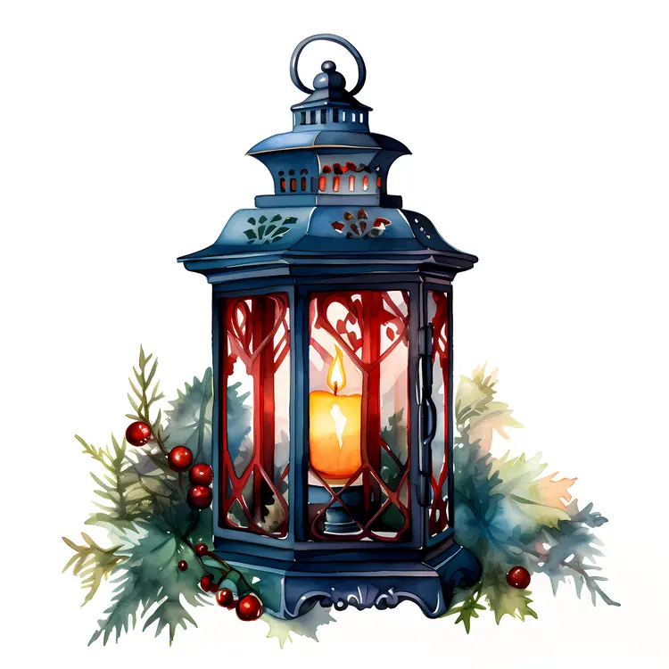 Blue Lantern with Red Berries and Pine Branches