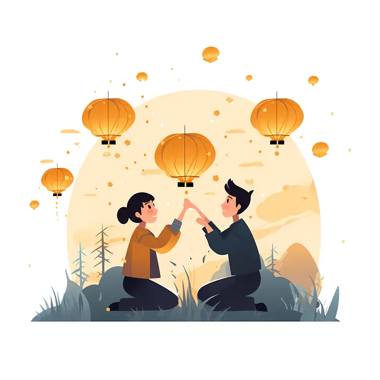 Couple Releasing Lanterns at Night